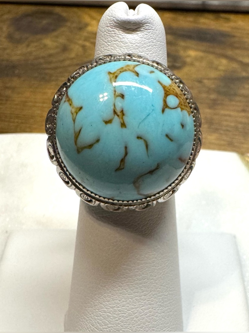 Statement Turquoise Cabochon Ring Silver Tone Vintage Style Size 5.5-6